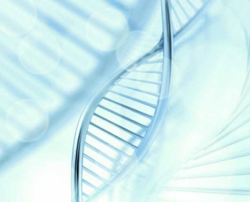 close-up rendering of a double-helix DNA sequence